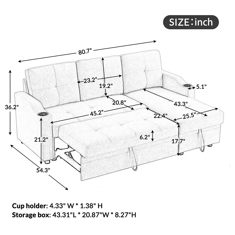 Orisfur 81" Linen Upholstered Sofa Bed with Storage Chaise and 2 Cup Holders, for Living Room, Bedroom, Office, Apartment - Gray