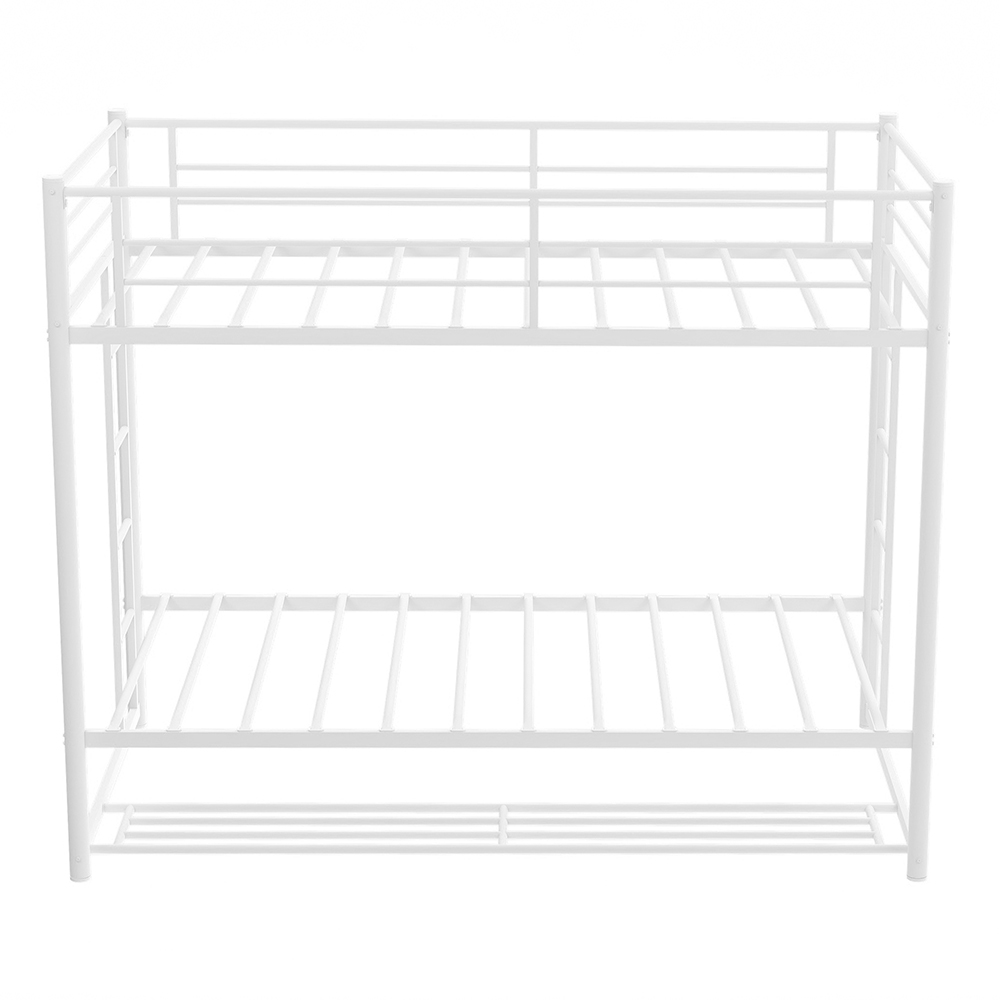 Twin-Over-Twin Size Metal Bunk Bed Frame with Ladder and Storage Bottom Shelf, No Spring Box Required (Frame Only) - White