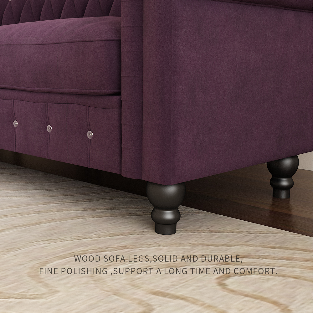80" 3-seat Velvet Upholstered Sofa with Wooden Legs, Armrests, and Backrest, for Living Room, Bedroom, Office, Apartment - Purple