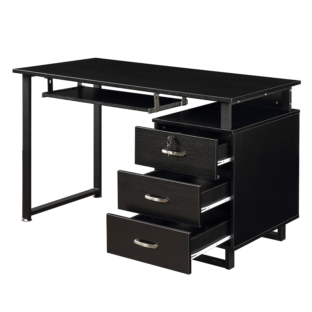 U-STYLE Home Office Wooden Computer Desk with 3 Storage Drawers and Keyboard Tray - Black