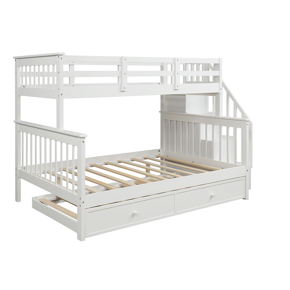 Twin-Over-Full Size Stairway Bunk Bed Frame with Trundle Bed, and Wooden Slats Support, No Spring Box Required (Frame Only) - White