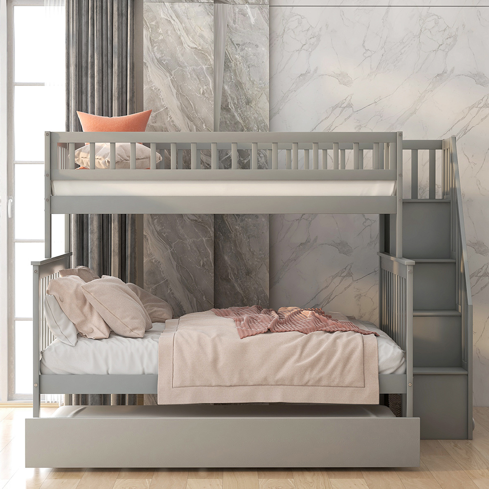 Twin-Over-Full Size Stairway Bunk Bed Frame with Trundle Bed, and Wooden Slats Support, No Spring Box Required (Frame Only) - Gray