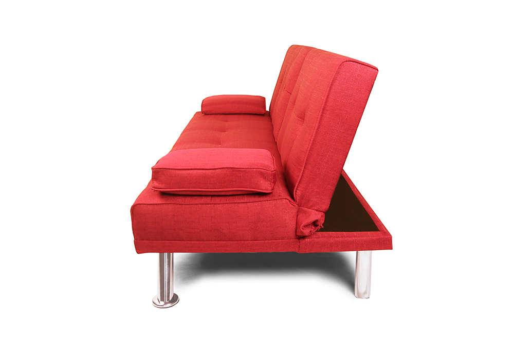 66" Linen Blend Upholstered Sofa Bed, with 2 Cup Holders, Adjustable Backrest and Solid Wood Frame, for Living Room, Bedroom, Office, Apartment - Red