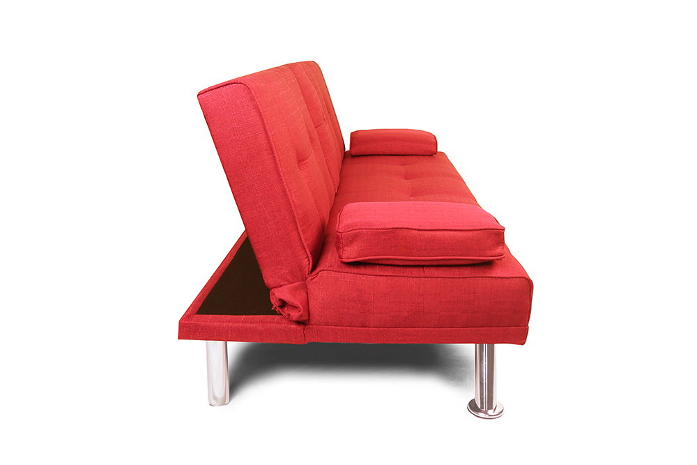 66" Linen Blend Upholstered Sofa Bed, with 2 Cup Holders, Adjustable Backrest and Solid Wood Frame, for Living Room, Bedroom, Office, Apartment - Red