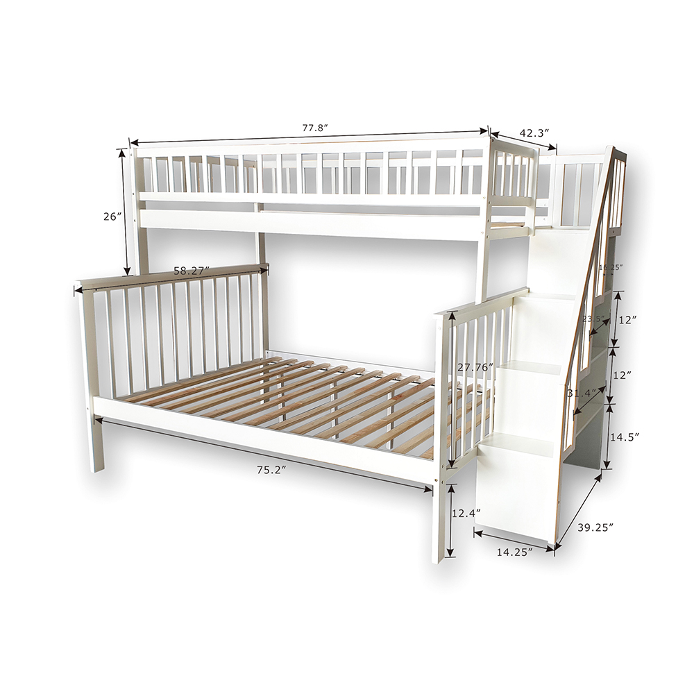 Twin-Over-Full Size Stairway Bunk Bed Frame with Trundle Bed, and Wooden Slats Support, No Spring Box Required (Frame Only) - White