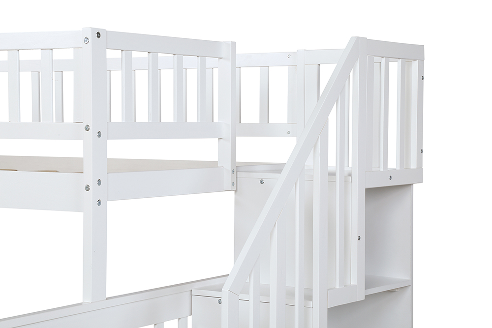 Twin-Over-Full Size Stairway Bunk Bed Frame with Trundle Bed, and Wooden Slats Support, No Spring Box Required (Frame Only) - White
