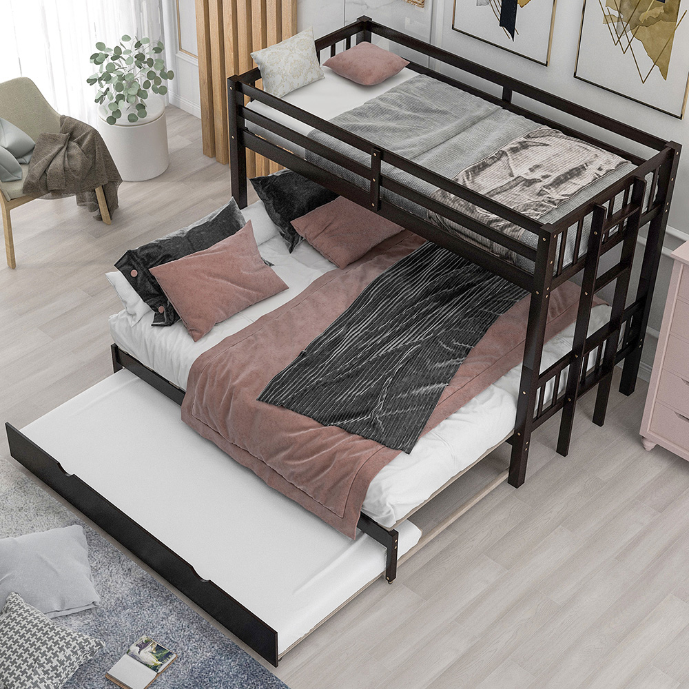Twin-Over-Twin/King Size Bunk Bed Frame with Trundle Bed, and Wooden Slats Support, No Spring Box Required (Frame Only) - Espresso