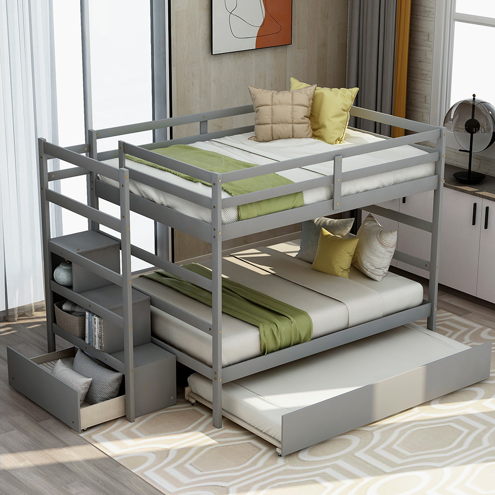 Full-Over-Full Size Wooden Bunk Bed Frame with Trundle Bed, and Storage Stairs, No Spring Box Required (Frame Only) - Gray
