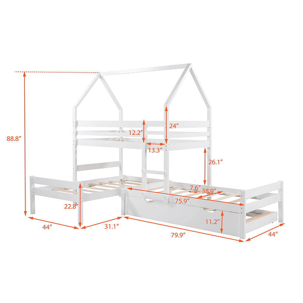 Twin-Over-Twin Size House-Shaped Bunk Bed Frame with Trundle Bed, and Wooden Slats Support, No Spring Box Required (Frame Only) - White