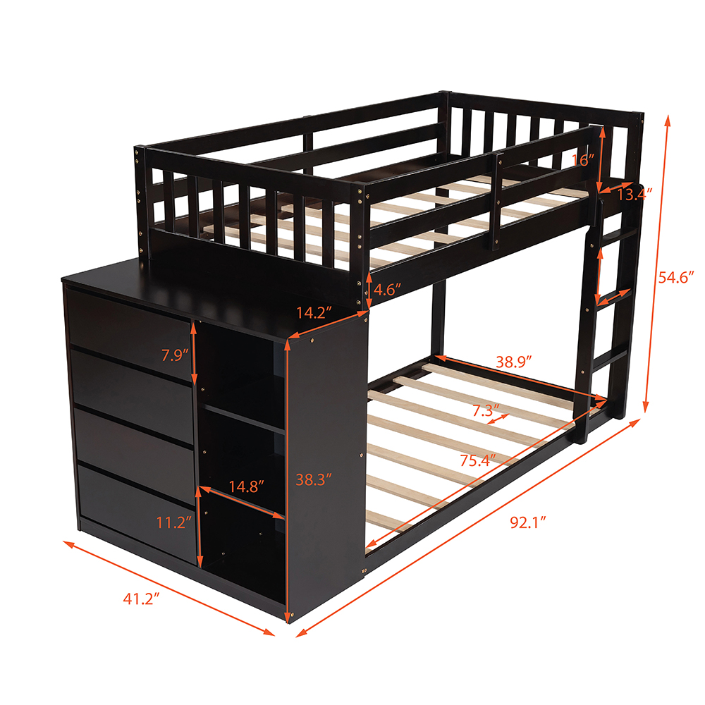 Twin-Over-Twin Size Bunk Bed Frame with 4 Storage Drawers, 3 Shelves, and Wooden Slats Support, No Spring Box Required (Frame Only) - Espresso