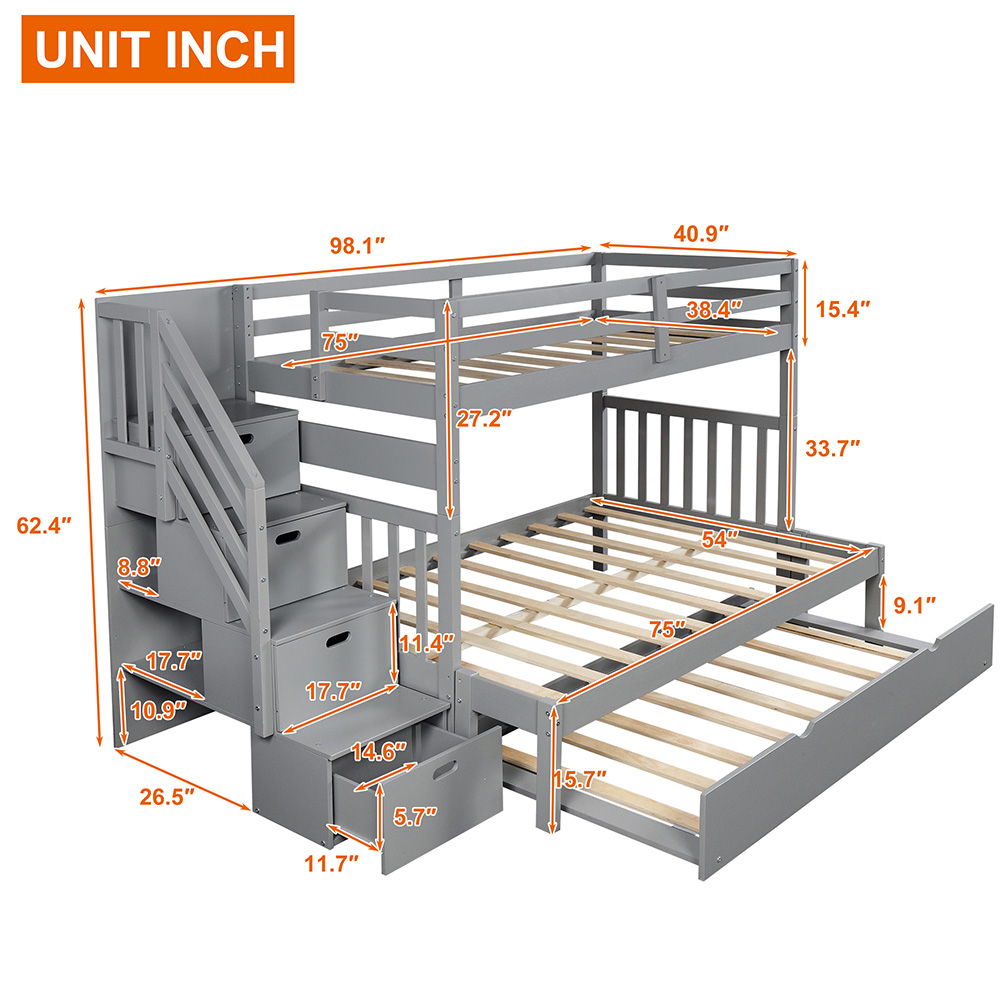 Full-Over-Twin/Full Size Bunk Bed Frame with Trundle Bed, Storage Stairs, and Wooden Slats Support, No Spring Box Required (Frame Only) - Gray