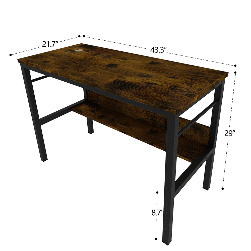 Home Office 43.3" Computer Desk with Bottom Shelf, Wooden Tabletop and Metal Frame, for Game Room, Office, Study Room - Brown