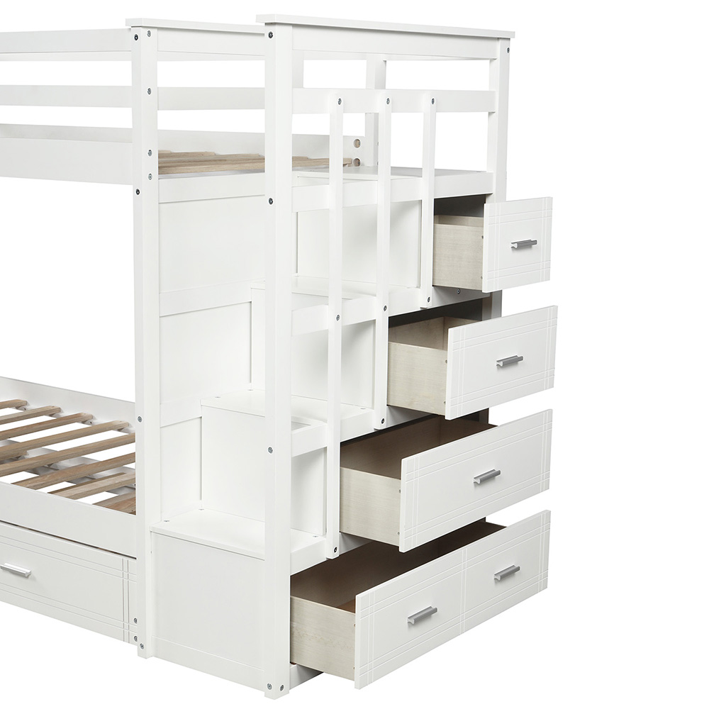 Twin-Over-Twin Size Bunk Bed Frame with Trundle Bed, Storage Stairs, and Wooden Slats Support, No Spring Box Required (Frame Only) - White