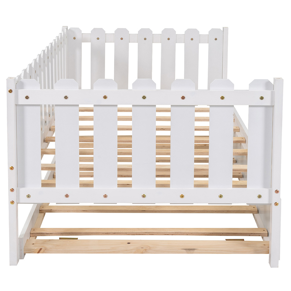 Twin Size Rustic Style Daybed with Trundle Bed, and Wooden Slats Support, Space-saving Design, No Box Spring Needed - White