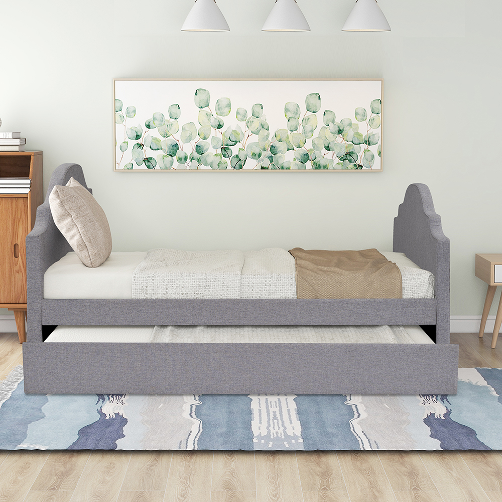 Twin Size Linen Upholstered Daybed with Trundle Bed, and Wooden Slats Support, Space-saving Design, No Box Spring Needed - Gray