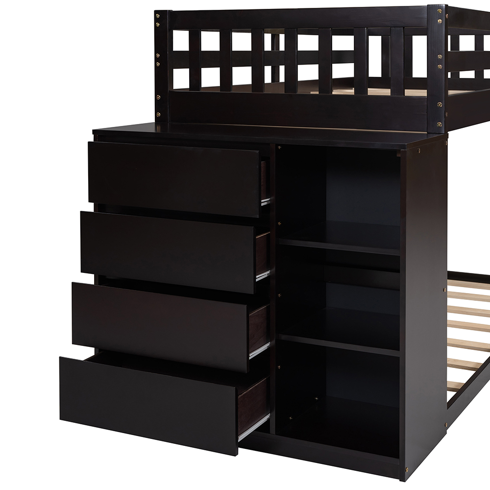 Twin-Over-Twin Size Bunk Bed Frame with 4 Storage Drawers, 3 Shelves, and Wooden Slats Support, No Spring Box Required (Frame Only) - Espresso