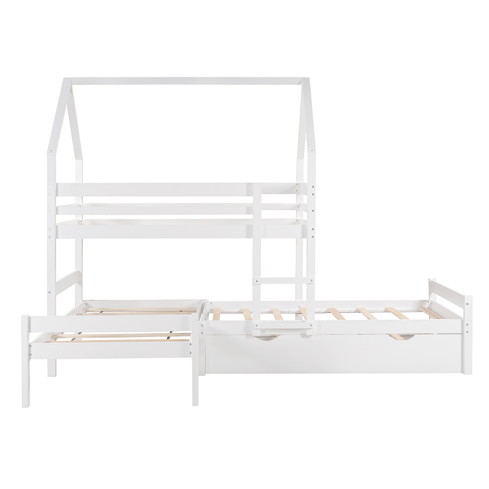 Twin-Over-Twin Size House-Shaped Bunk Bed Frame with Trundle Bed, and Wooden Slats Support, No Spring Box Required (Frame Only) - White