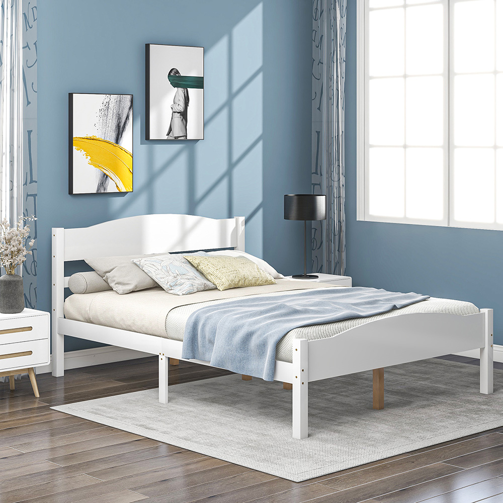 Full-Size Platform Bed Frame with Horizontal Strip Hollow Shape Headboard, and Wooden Slats Support, No Box Spring Needed (Only Frame) - White