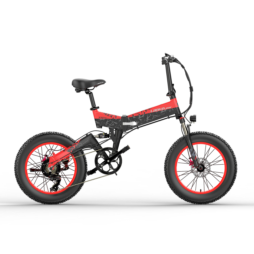 LANKELEISI X3000 PLUS Folding Electric Bike Bicycle 48V 1000W Motor 10.4Ah Battery 26x4.0 Tires Aluminum Alloy Frame Hydraulic Disk Brake Shimano 7 Speed Derailleur Max Speed 46km/h 90KM Mileage Range 3 Riding modes - Black Red