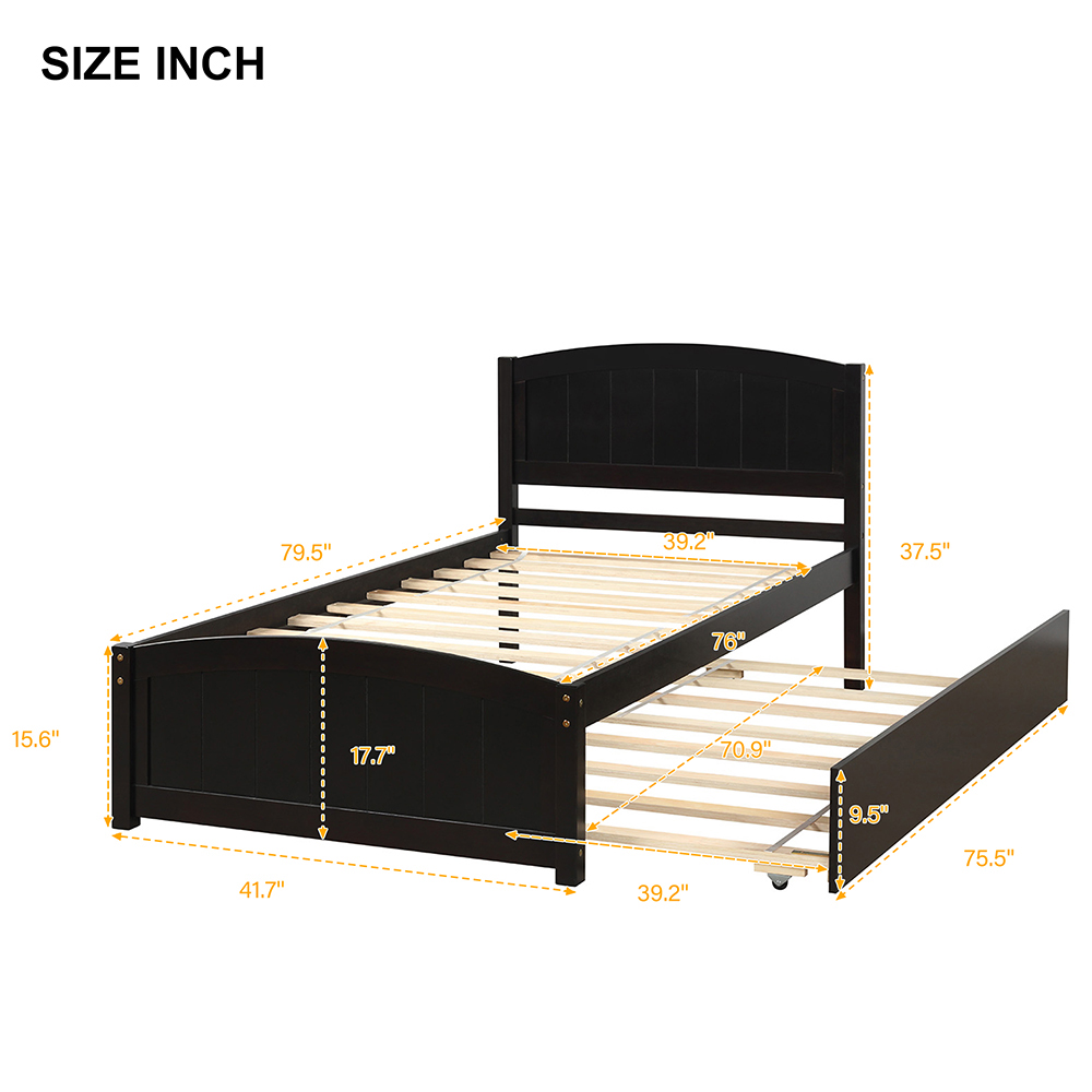 Twin-Size Platform Bed Frame with Trundle Bed, Headboard, and Wooden Slats Support, No Box Spring Needed (Only Frame) - Espresso