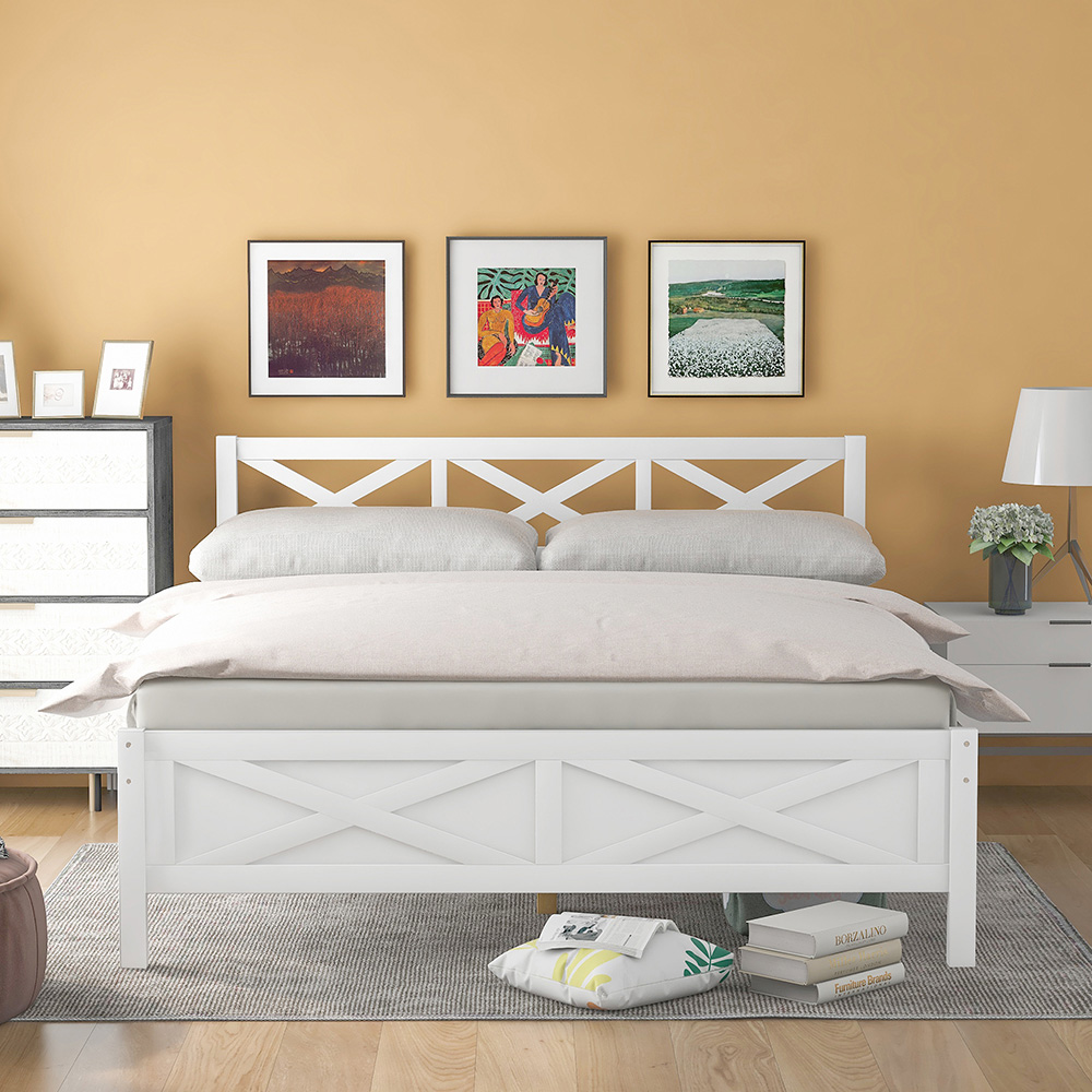 Queen Size Wooden Platform Bed Frame with High Legs and Wooden Slats - White