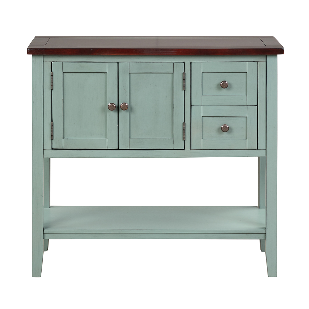 U-STYLE 36" Modern Style Wooden Console Table with 2 Storage Drawers, 1 Cabinet and Bottom Shelf, for Entrance, Hallway, Dining Room, Kitchen - Brown + Green