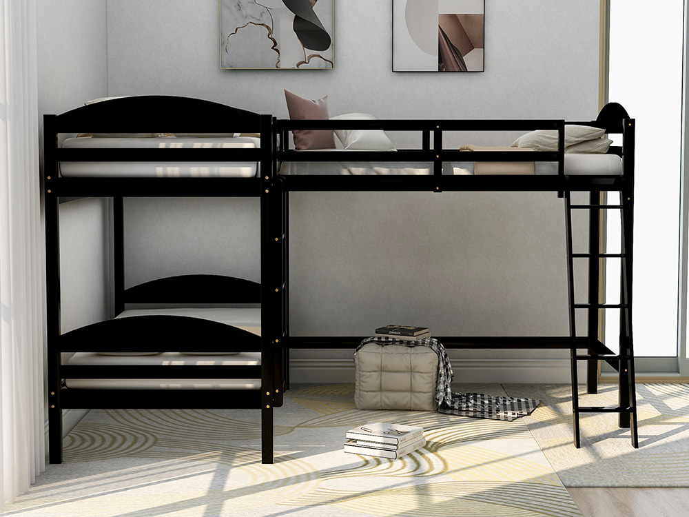 Twin-Over-Twin Size L-Shaped Bunk Bed Frame with Loft Bed, Ladder, and Wooden Slats Support, No Spring Box Required (Frame Only) - Espresso