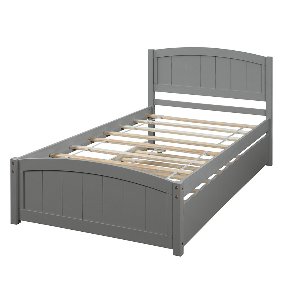 Twin-Size Platform Bed Frame with Trundle Bed, Headboard, and Wooden Slats Support, No Box Spring Needed (Only Frame) - Gray