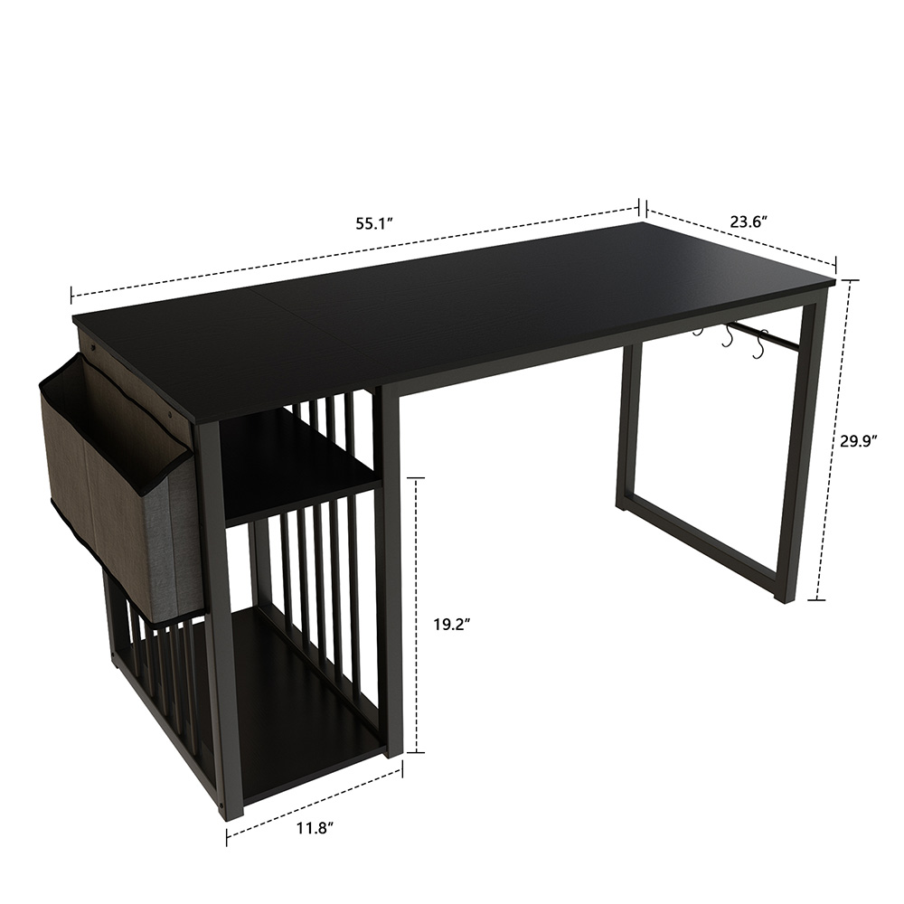 Home Office 55" Computer Desk with Side Bag, Storage Shelves, Wooden Tabletop and Metal Frame, for Game Room, Office, Study Room - Black