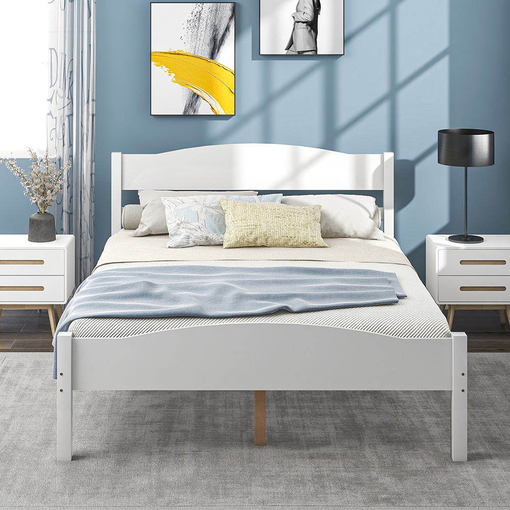 Full-Size Platform Bed Frame with Horizontal Strip Hollow Shape Headboard, and Wooden Slats Support, No Box Spring Needed (Only Frame) - White
