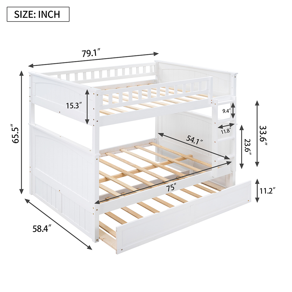 Full-Over-Full Size Bunk Bed Frame with Trundle Bed, and Wooden Slats Support, No Spring Box Required (Frame Only) - White