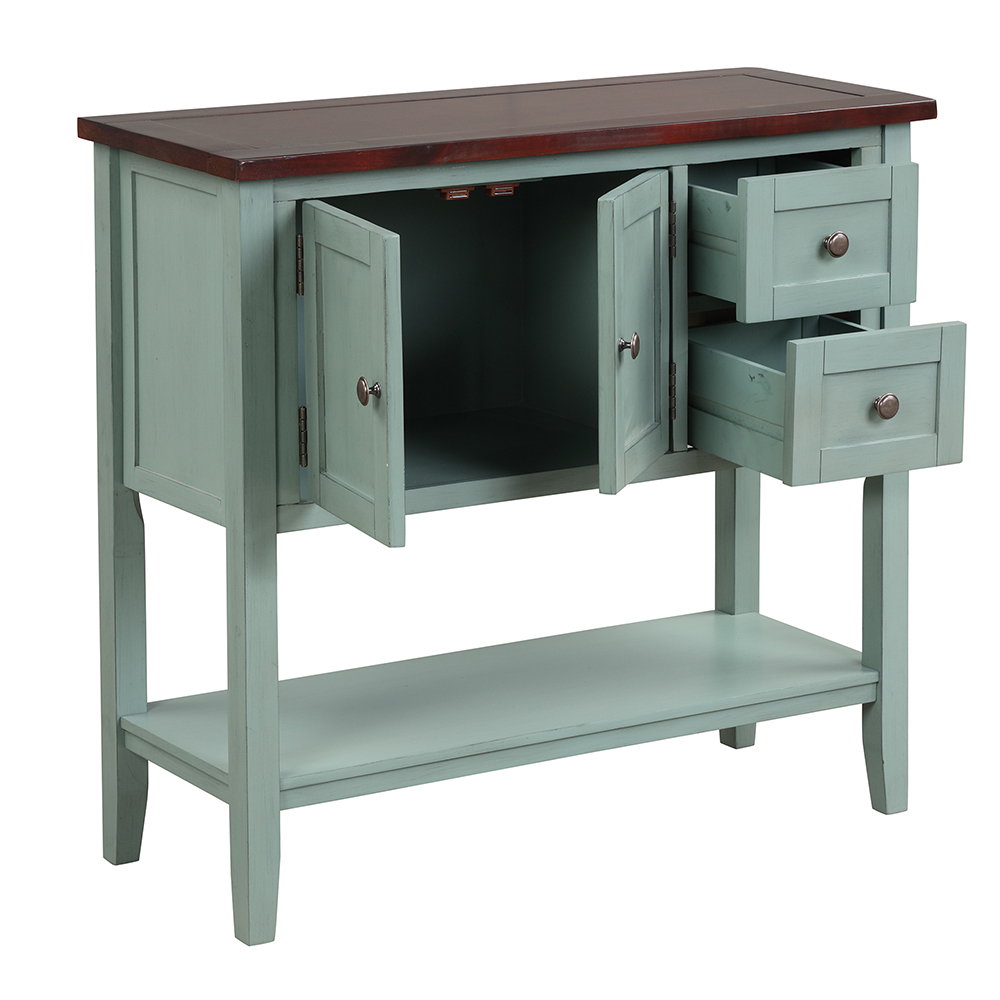 U-STYLE 36" Modern Style Wooden Console Table with 2 Storage Drawers, 1 Cabinet and Bottom Shelf, for Entrance, Hallway, Dining Room, Kitchen - Brown + Green