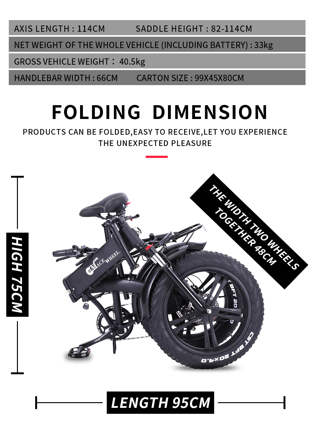CMACEWHEEL GW20 Pro Folding Electric Moped Bike CST 20*4.0 Fat Tire Five Speeds 750W Motor 48V 10Ah Battery 40km Range Max Speed 45km/h Aluminum Alloy Body - Black
