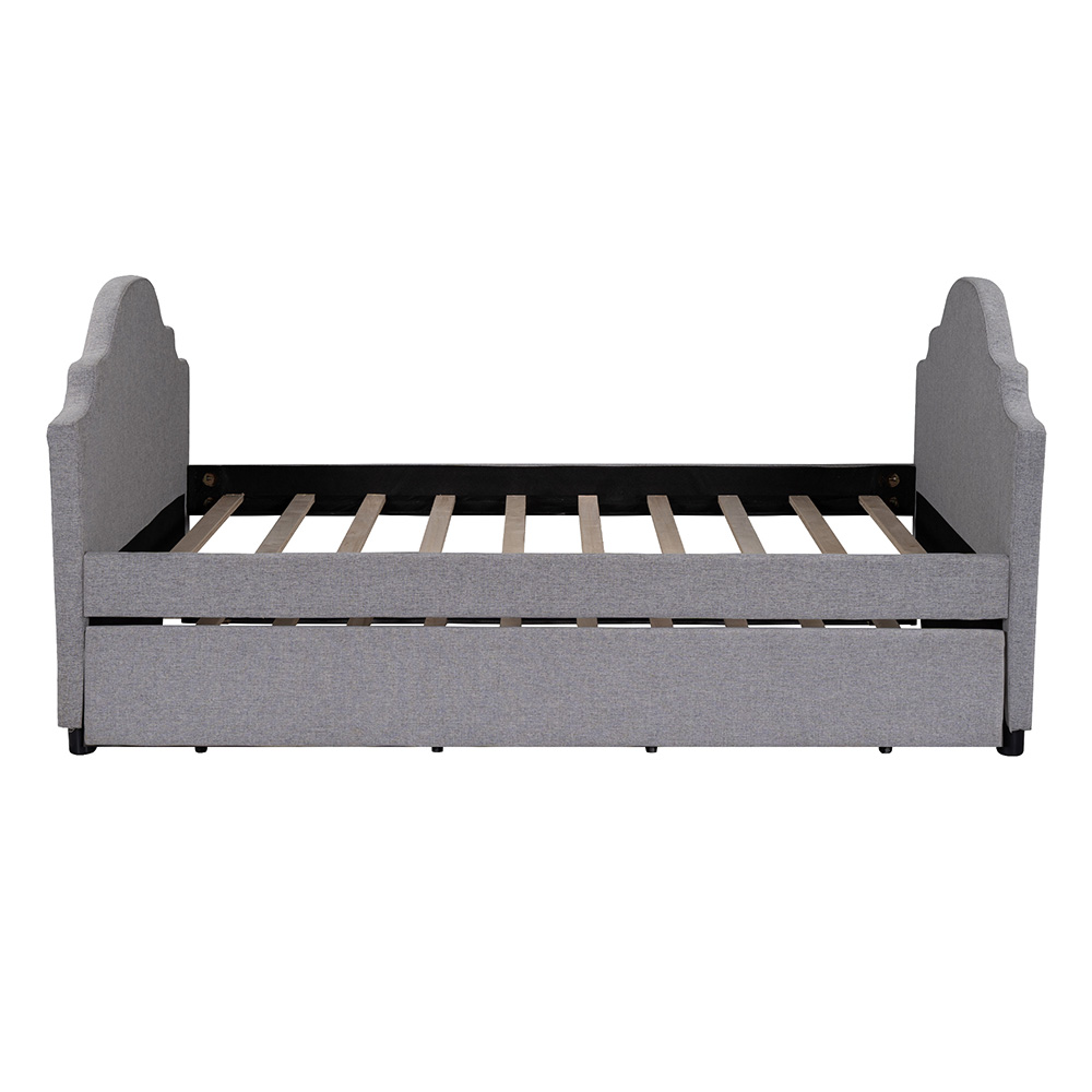 Twin Size Linen Upholstered Daybed with Trundle Bed, and Wooden Slats Support, Space-saving Design, No Box Spring Needed - Gray