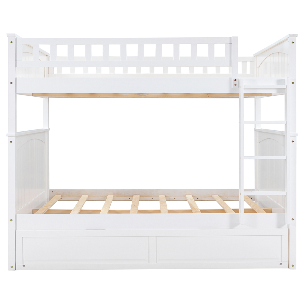 Full-Over-Full Size Bunk Bed Frame with Trundle Bed, and Wooden Slats Support, No Spring Box Required (Frame Only) - White