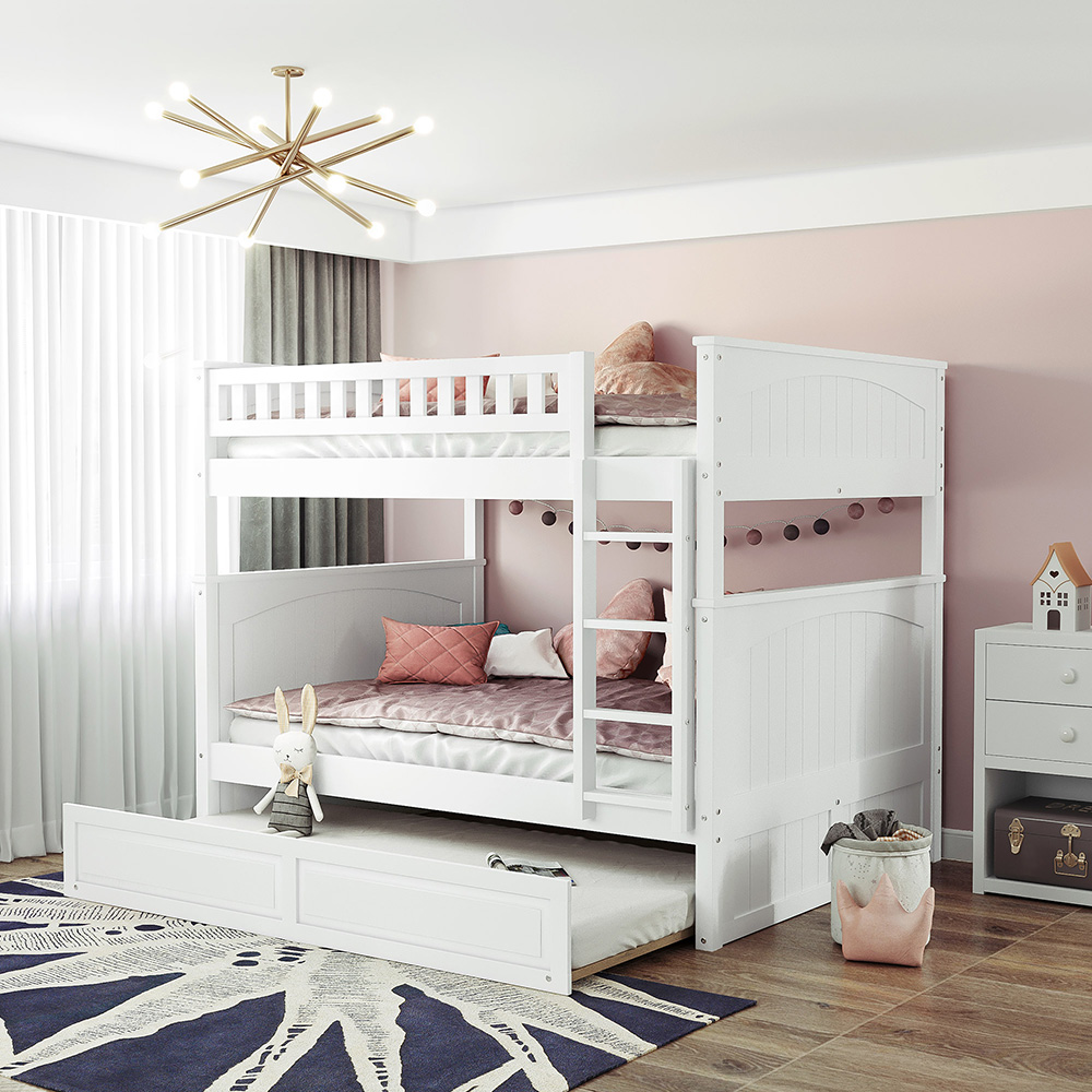 Full-Over-Full Size Bunk Bed Frame with Trundle Bed, and Wooden Slats Support, No Spring Box Required (Frame Only) - White