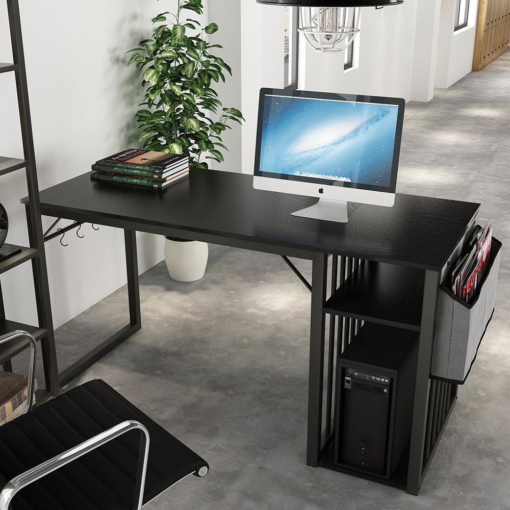Home Office 55" Computer Desk with Side Bag, Storage Shelves, Wooden Tabletop and Metal Frame, for Game Room, Office, Study Room - Black