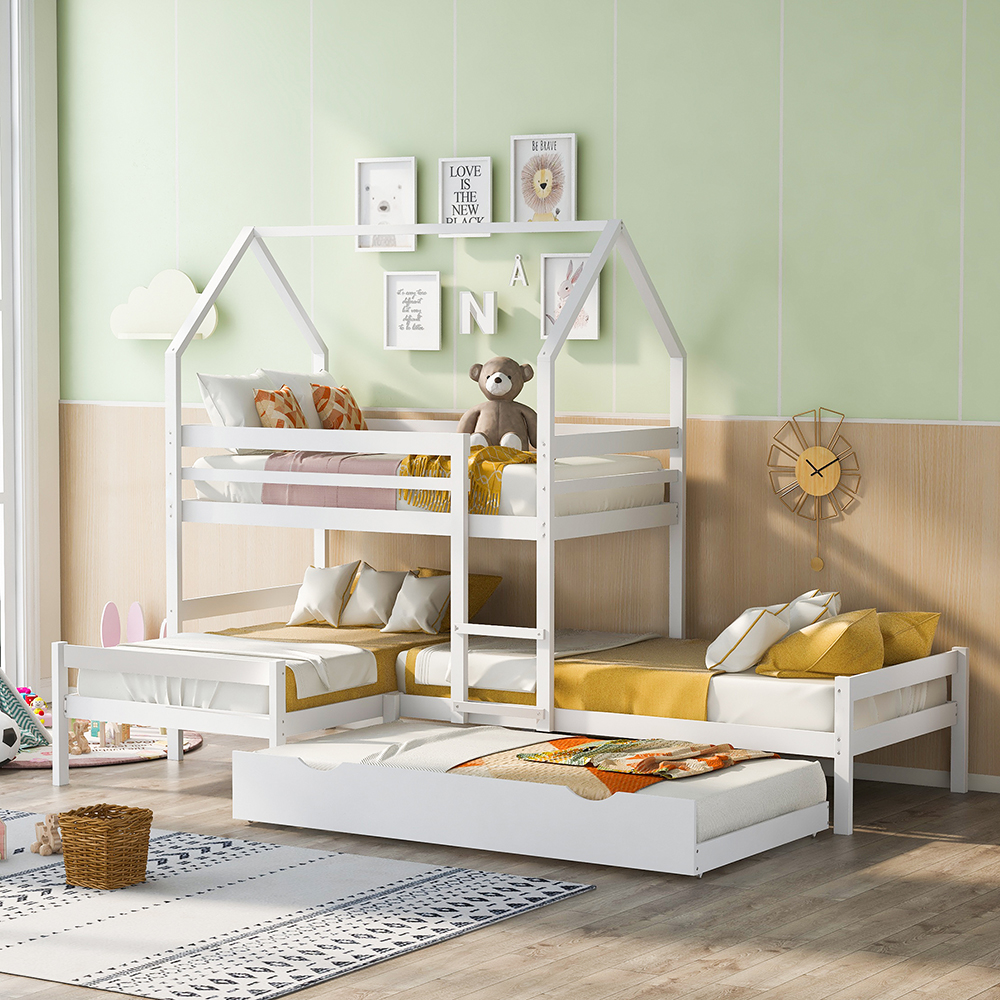 Twin-Over-Twin Size House-Shaped Bunk Bed Frame with Trundle Bed, and Wooden Slats Support, No Spring Box Required (Frame Only) - White