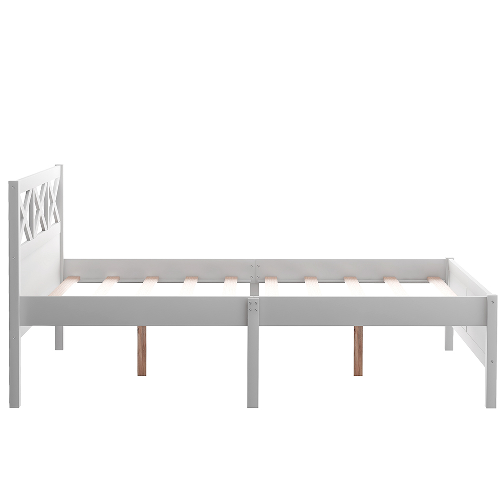 Queen Size Wooden Platform Bed Frame with High Legs and Wooden Slats - White