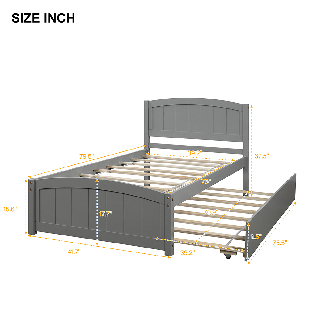 Twin-Size Platform Bed Frame with Trundle Bed, Headboard, and Wooden Slats Support, No Box Spring Needed (Only Frame) - Gray