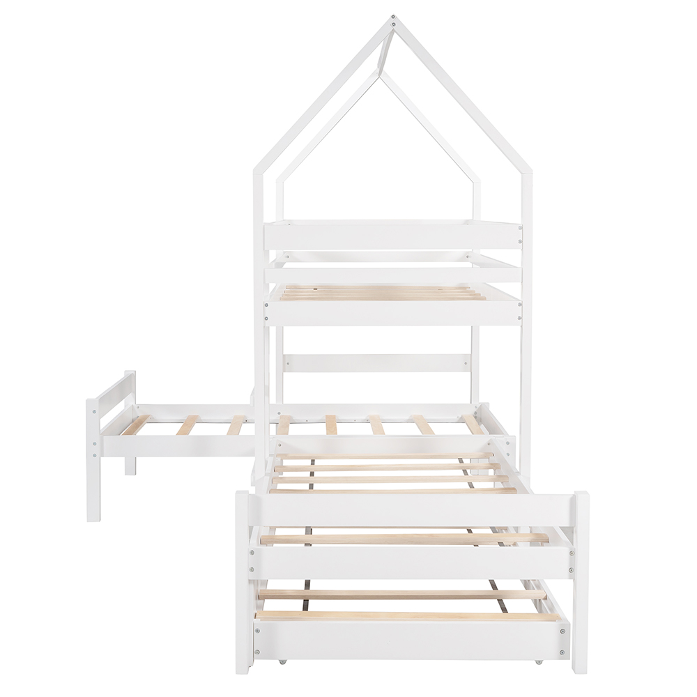 Twin-Over-Twin Size House-Shaped Bunk Bed Frame with Trundle Bed, and Wooden Slats Support, No Spring Box Required (Frame Only) - White