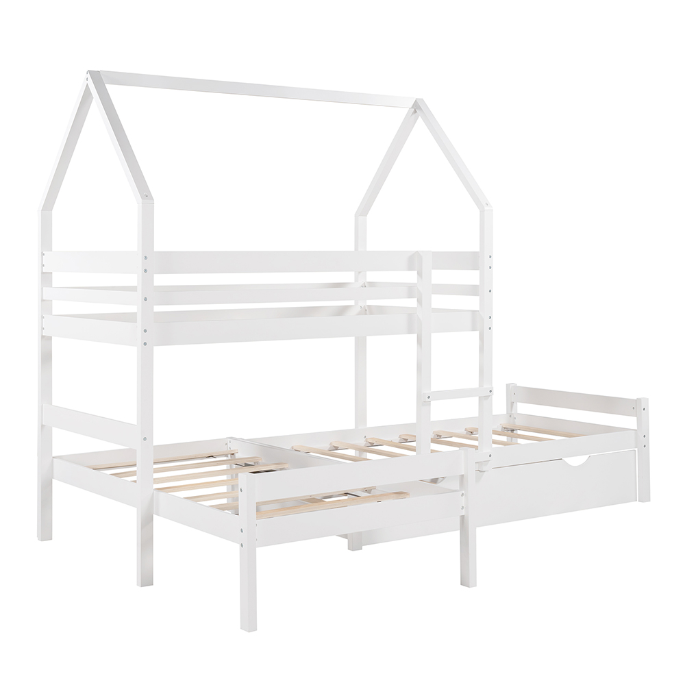 Twin-Over-Twin Size House-Shaped Bunk Bed Frame with Trundle Bed, and Wooden Slats Support, No Spring Box Required (Frame Only) - White