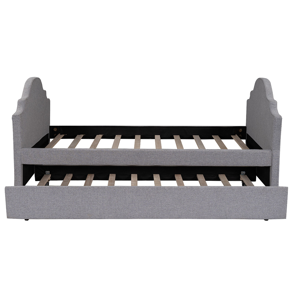 Twin Size Linen Upholstered Daybed with Trundle Bed, and Wooden Slats Support, Space-saving Design, No Box Spring Needed - Gray