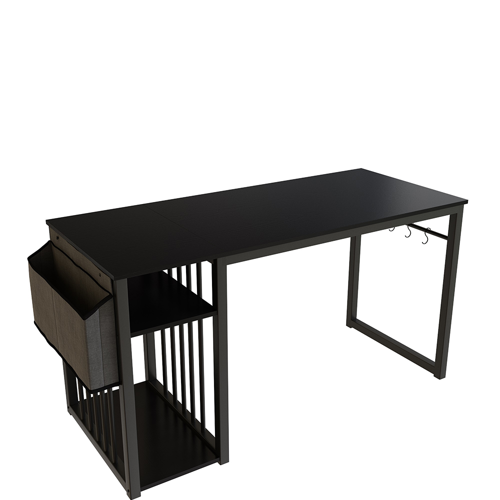 Home Office 55" Computer Desk with Side Bag, Storage Shelves, Wooden Tabletop and Metal Frame, for Game Room, Office, Study Room - Black