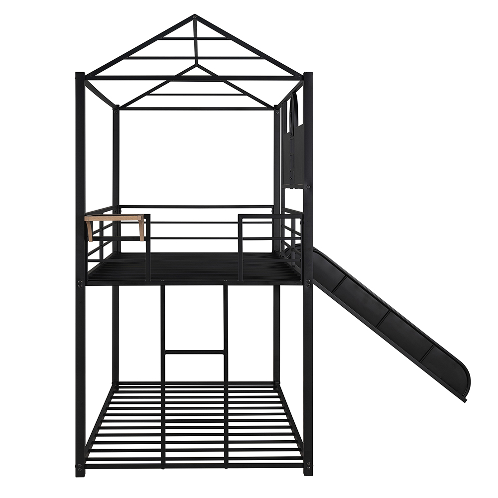 Twin-Over-Twin Size Bunk Bed Frame with Slide, Ladder, and Metal Slats Support, No Spring Box Required (Frame Only) - Black