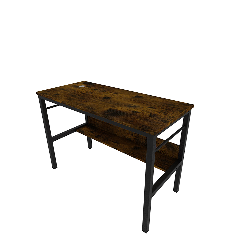 Home Office 43.3" Computer Desk with Bottom Shelf, Wooden Tabletop and Metal Frame, for Game Room, Office, Study Room - Brown