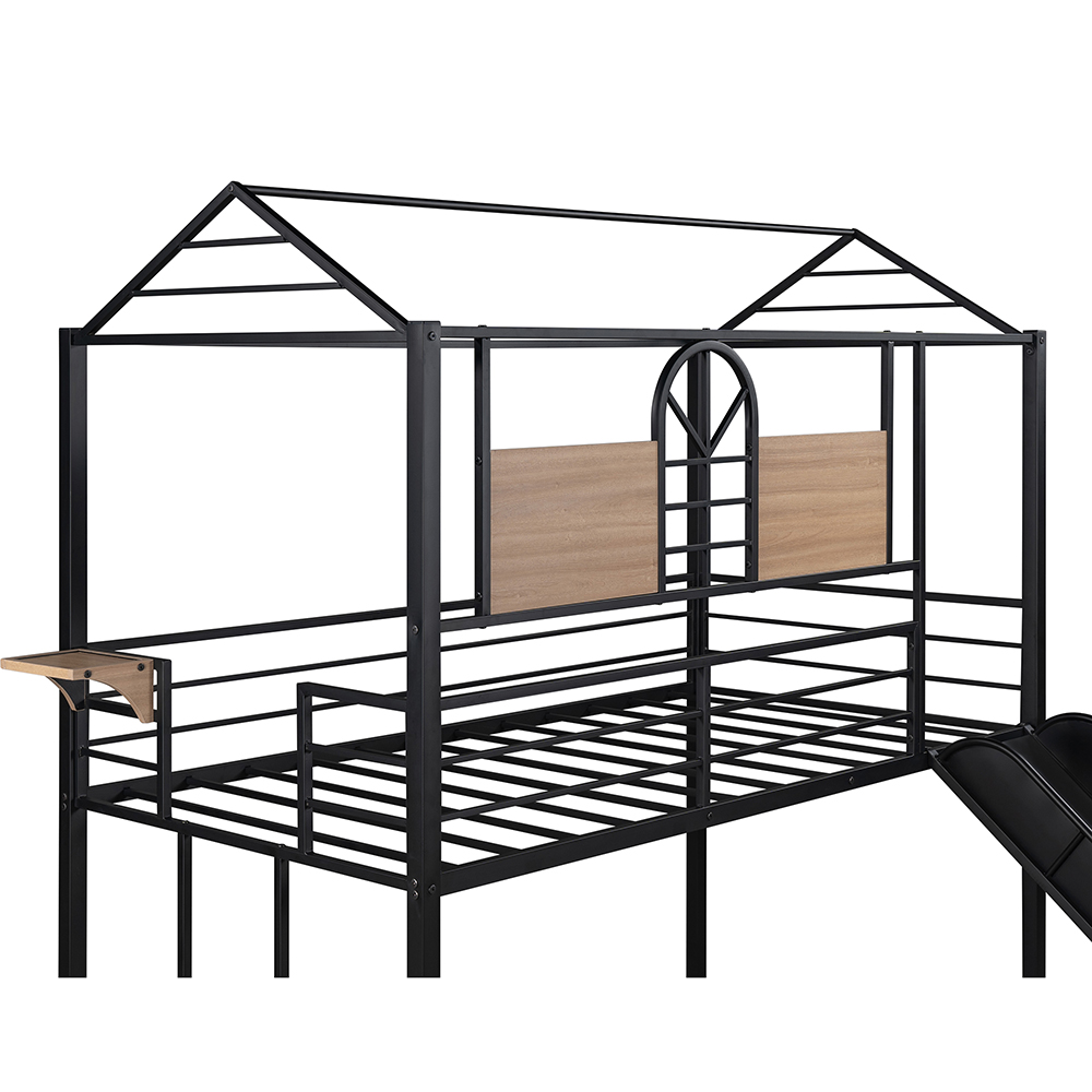 Twin-Over-Twin Size Bunk Bed Frame with Slide, Ladder, and Metal Slats Support, No Spring Box Required (Frame Only) - Black