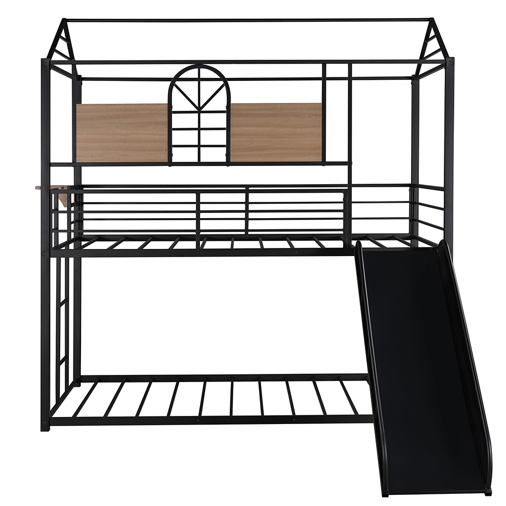 Twin-Over-Twin Size Bunk Bed Frame with Slide, Ladder, and Metal Slats Support, No Spring Box Required (Frame Only) - Black