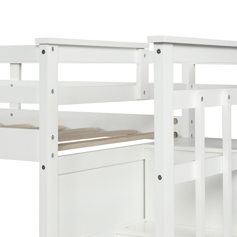 Twin-Over-Twin Size Bunk Bed Frame with Trundle Bed, Storage Stairs, and Wooden Slats Support, No Spring Box Required (Frame Only) - White