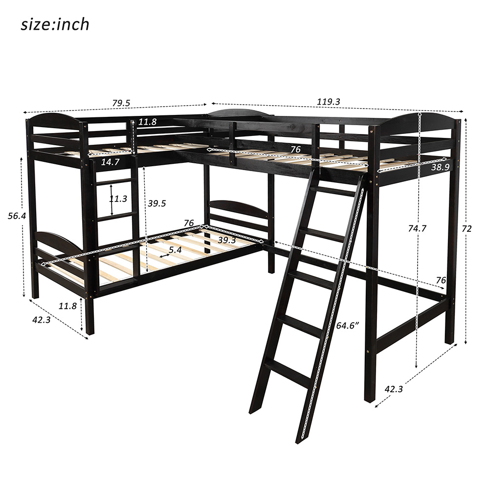 Twin-Over-Twin Size L-Shaped Bunk Bed Frame with Loft Bed, Ladder, and Wooden Slats Support, No Spring Box Required (Frame Only) - Espresso